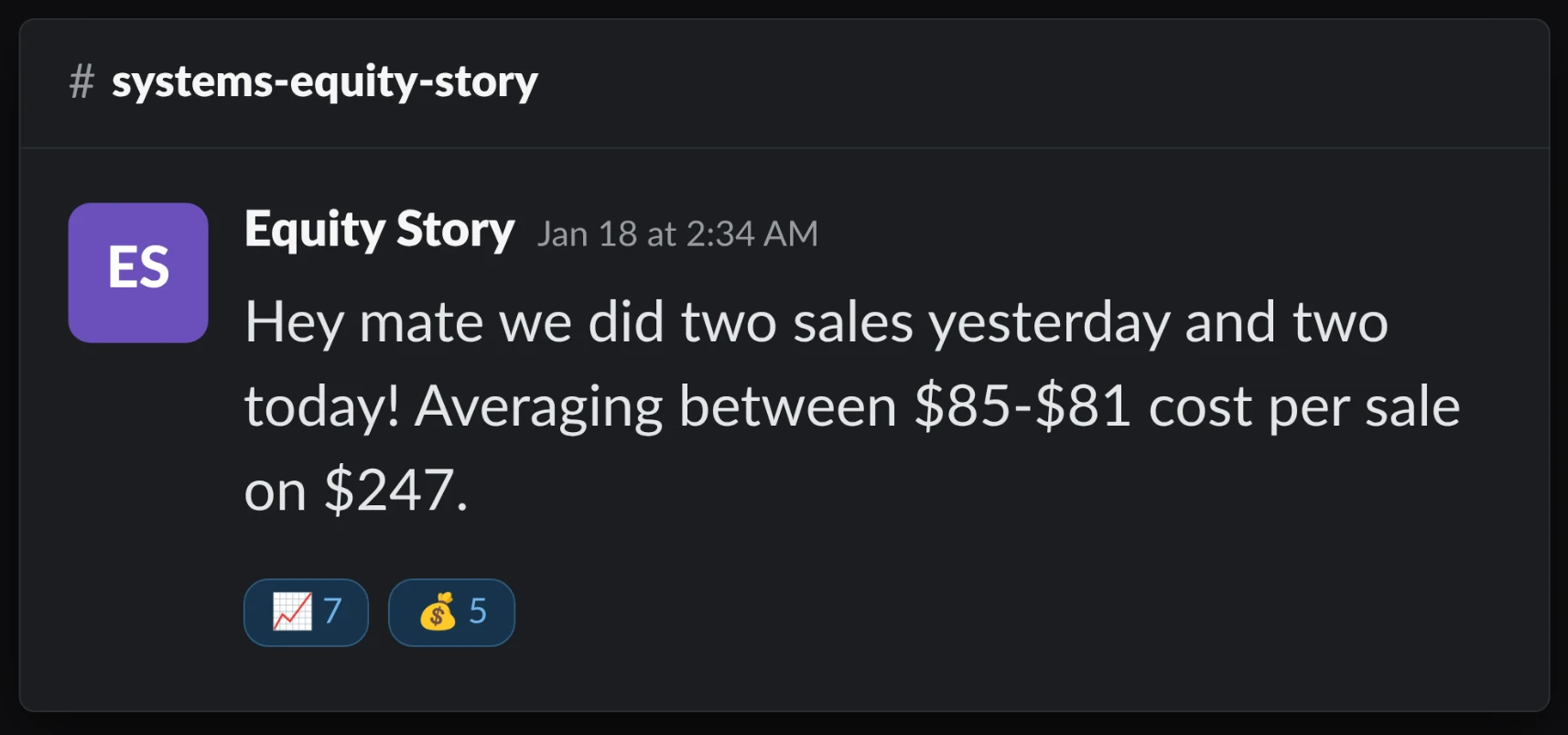Equity Story did four sales at $81-85 cost per sale
