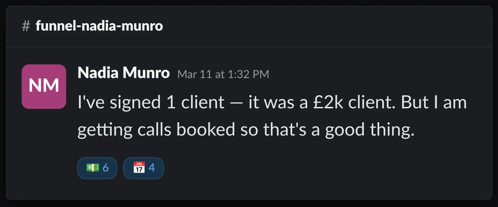 Nadia Munro signed a £2k client with calls booking